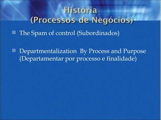 The Spam of control (Subordinados) Departmentalization  By Process and Purpose (Departamentar por processo e finalidade) 