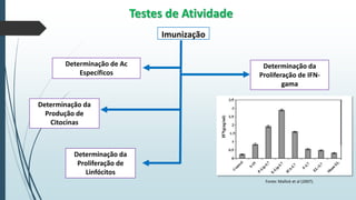 Testes de Atividade
Imunização
Determinação de Ac
Específicos

Determinação da
Proliferação de IFNgama

Determinação da
Produção de
Citocinas

Determinação da
Proliferação de
Linfócitos
Fonte: Mallick et al (2007).

 