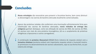 Conclusões

¡
¡

¡

Novas estratégias são necessárias para prevenir a brucelose bovina, bem como diminuir
as desvantagens nas vacinas de bactéria atenuada atualmente comercializadas.
Apesar das proteínas isoladas não conferirem uma imunização suficientemente forte para
substituição das vacinas de bactérias atenuadas, novos métodos de entrega dos
antígenos ganham destaque, como (a) utilização de vacinas de DNA; (b) vacinas de RNA;
(c) vacinas com mais de uma proteína imunogênica; (d) ou o acoplamento de proteínas
antigênicas a lipossomas e outros carregadores.
A combinação da proteína ribossomal L7/L12 (forte indutora de resposta celular) com a
lumazina sintetase (proteína estável com importante resposta celular e humoral) mostrase promissora no desenvolvimento de vacinas subcelulares, seja na sua forma livre, ou por
sistema de entrega.

 