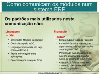 Como comunicam os módulos num sistema ERP Os padrões mais utilizados nesta comunicação são:  XML Linguagem Protocolo SOAP eXtensible Markup Language.  Controlada pelo W3C. Linguagem baseada em tags como o (HTML). Troca informação entre aplicações. Entendida por qualquer SOp. Simple Object Access Protocol As definições dos métodos e argumentos, são apresentados num arquivo XML. Verificação das alterações no objecto servidor efectuadas antes da chamada do método. A ligação é feita apenas no momento da chamada do método especifico. Universidade do Algarve 