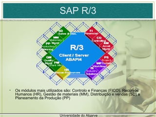 SAP R/3 Os módulos mais utilizados são: Controlo e Finanças (FICO), Recursos Humanos (HR), Gestão de materiais (MM), Distribuição e vendas (SD) e Planeamento da Produção (PP)  Universidade do Algarve 