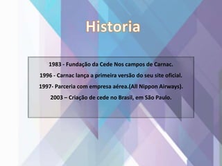 1983 - Fundação da Cede Nos campos de Carnac.
1996 - Carnac lança a primeira versão do seu site oficial.
1997- Parceria com empresa aérea.(All Nippon Airways).
2003 – Criação de cede no Brasil, em São Paulo.
 
