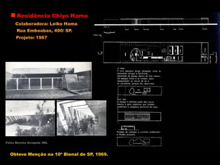 Residência Chiyo Hama
Colaboradora: Leiko Hama
Fotos Revista Acrópole 386.
Obteve Menção na 10ª Bienal de SP, 1969.
Projeto: 1967
Rua Emboabas, 490/ SP.
 