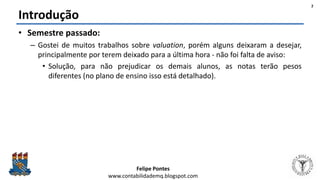 Felipe Pontes
www.contabilidademq.blogspot.com
Introdução
• Semestre passado:
– Gostei de muitos trabalhos sobre valuation...