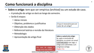 Felipe Pontes
www.contabilidademq.blogspot.com
Como funcionará a disciplina
• Sobre o artigo: tem que ser empírico (archival) ou um estudo de caso.
– A produção do artigo se dará ao longo do semestre.
– Serão 6 etapas:
• Ideias iniciais
• Objetivo, problema e justificativa
• Obtenção dos dados
• Referencial teórico e revisão da literatura
• Metodologia
• Apresentação do artigo final
6
Sobre a autoria do artigo:
Se, após a conclusão da
disciplina, eu enviar um email
CONTRIBUINDO com algo, o
artigo será submetido a um
congresso comigo.
Dupla + Eu
O que é necessário para ser
autor de um artigo?
Em caso de plágio, o
artigo terá nota ZERO!
 