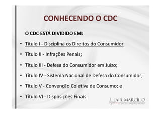 CONHECENDO O CDC
CONHECENDO O CDC
O CDC ESTÁ DIVIDIDO EM:
• Título I - Disciplina os Direitos do Consumidor
• Título II - Infrações Penais;
• Título II - Infrações Penais;
• Título III - Defesa do Consumidor em Juízo;
• Título IV - Sistema Nacional de Defesa do Consumidor;
• Título V - Convenção Coletiva de Consumo; e
• Título VI - Disposições Finais.
 