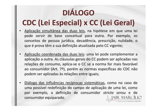 DIÁLOGO
DIÁLOGO
CDC (Lei Especial) x CC (Lei Geral)
CDC (Lei Especial) x CC (Lei Geral)
• Aplicação simultânea das duas leis, na hipótese em que uma lei
pode servir de base conceitual para outra. Por exemplo, os
conceitos de pessoa jurídica, decadência, prescrição, nulidade, o
que é prova têm a sua definição atualizada pelo CC vigente;
• Aplicação coordenada das duas leis: uma lei pode complementar a
• Aplicação coordenada das duas leis: uma lei pode complementar a
aplicação a outra. As cláusulas gerais do CC podem ser aplicadas nas
relações de consumo, aplica-se o CC se a norma for mais favorável
ao consumidor (Art. 7º), porém as normas específicas do CDC não
podem ser aplicadas às relações entre iguais;
• Diálogo das influências recíprocas sistemáticas, como no caso de
uma possível redefinição do campo de aplicação de uma lei, como
por exemplo, a definição de consumidor stricto sensu e de
consumidor equiparado.
 