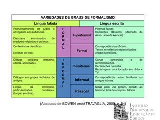 VARIEDADES DE GRAUS DE FORMALISMO
                    Língua falada                             Língua escrita
Pronunciamentos de juízes           e    F                 Poemas épicos.
advogados em audiências.                 O                 Romances clássicos (Machado            de
                                         R   Hiperformal   Assis, José de Alencar)
Discursos       estruturados     de
oradores religiosos e políticos.         M
                                         A
Conferências científicas.                                  Correspondências oficiais.
                                         L
                                               Formal      Textos jornalísticos especializados.
Defesas de tese.                                           Artigos científicos.

Diálogo     cotidiano       (trabalho,   I                 Cartas      comerciais    e      de
escola, sociedade).                      N                 recomendações.
                                         F   Semiformal    Declarações na mídia.
                                                           Reportagens para locução em rádio e
                                         O                 TV.
                                         R
Diálogos em grupos fechados de                             Correspondência entre familiares ou
                                         M    Informal
amigos.                                                    amigos íntimos.
                                         A
Língua         da       intimidade,      L                 Notas para uso próprio, recado ao
particularidades         familiares,                       telefone, lista de compras, bilhete.
                                              Pessoal
(função emotiva).


                        (Adaptado de BOWEN apud TRAVAGLIA, 2000, p. 54)
 