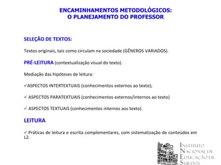 ENCAMINHAMENTOS METODOLÓGICOS:
                   O PLANEJAMENTO DO PROFESSOR


SELEÇÃO DE TEXTOS:

Textos originais, tais como circulam na sociedade (GÊNEROS VARIADOS).

PRÉ-LEITURA (contextualização visual do texto).

Mediação das hipóteses de leitura:

ASPECTOS INTERTEXTUAIS (conhecimentos externos ao texto);

 ASPECTOS PARATEXTUAIS (conhecimentos externos/internos ao texto)

 ASPECTOS TEXTUAIS (conhecimentos internos aos texto).

LEITURA
 Práticas de leitura e escrita complementares, com sistematização de conteúdos em
L2.
 