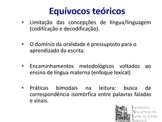 Equívocos teóricos
   Limitação das concepções de língua/linguagem
    (codificação e decodificação).

   O domínio da oralidade é pressuposto para o
    aprendizado da escrita.

   Encaminhamentos metodológicos voltados ao
    ensino de língua materna (enfoque lexical)‫‏‬

   Práticas bimodais na leitura: busca de
    correspondência isomórfica entre palavras faladas
    e sinais.
 