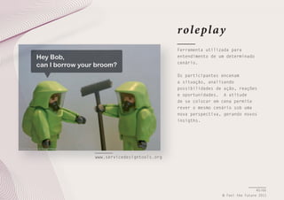 rol e pl ay
Ferramenta utilizada para
entendimento de um determinado
cenário.
Os participantes encenam
a situação, analisando
possibilidades de ação, reações
e oportunidades. A atitude
de se colocar em cena permite
rever o mesmo cenário sob uma
nova perspectiva, gerando novos
insigths.

www.servicedesigntools.org

45/66
© Feel the Future 2011

 