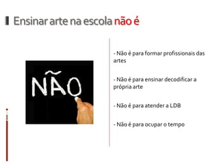 Ensinarartenaescolanãoé
- Não é para formar profissionais das
artes
- Não é para ensinar decodificar a
própria arte
- Não é para atender a LDB
- Não é para ocupar o tempo
 