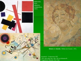 Malevitch.
Non-
objective
composition,
1915.
Belmiro de Almeida - Mulher em Círculos - 1921.
Kandinsky - Composition VIII
1923, óleo sobre tela, 140 x 201 cm Solomon R.
Guggenheim Museum, New York
 