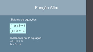 Função Afim
Sistema de equações
Isolando b na 1ª equação
–a + b = 3
b = 3 + a
 