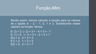 Função Afim
Sendo assim, iremos calcular a função para os valores
de x iguais a: - 2, - 1, 0, 1 e 2. Substituindo esses
valores na função, temos:
f(- 2) = 2. (- 2) + 3 = - 4 + 3 = - 1
f(- 1) = 2 . (- 1) + 3 = - 2 + 3 = 1
f(0) = 2 . 0 + 3 = 3
f(1) = 2 . 1 + 3 = 5
f(2) = 2 . 2 + 3 = 7
 