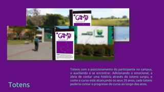 Totens
Totens com o posicionamento do participante no campus,
o auxiliando a se encontrar. Adicionando o emocional, a
ideia de contar uma história através do totens surgiu, e
como o curso está alcançando os seus 20 anos, cada totens
poderia contar o progresso do curso ao longo dos anos.
 