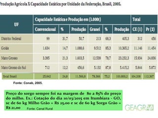 Fonte: Conab, 2005.
Preço do sorgo sempre foi na margem de 80 a 85% do preço
do milho. Ex.: Cotação do dia 10/03/2015 em Itumbiara - GO,
sc de 60 kg Milho Grão = R$ 25,00 e sc de 60 kg Sorgo Grão =
R$ 21,00 Fonte: Canal Rural
 
