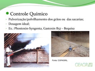 Controle Químico
- Pulverização/polvilhamento dos grãos ou das sacarias;
- Dosagem ideal;
- Ex.: Phostoxin-Syngenta, Gastoxin B57 - Bequisa
Fonte: COPAGRIL.
 