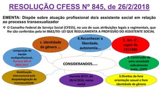 RESOLUÇÃO CFESS Nº 845, de 26/2/2018
EMENTA: Dispõe sobre atuação profissional do/a assistente social em relação
ao processo transexualizador
 O Conselho Federal de Serviço Social (CFESS), no uso de suas atribuições legais e regimentais, que
lhe são conferidas pela lei 8662/93- LEI QUE REGULAMENTA A PROFISSÃO DO ASSISTENTE SOCIAL
CONSIDERANDOS.....
1. Art. 5°,
caput da
CF/1988
4.Reconhecer a
liberdade,
autonomia...
5. identidade
de gênero ...
2. Construção de
uma sociedade
radicalmente
justa...(CEP)
composição de
equipe
multiprofissional..
Portaria MS nº
2803/2013;
3.Direitos da livre
orientação sexual e livre
identidade de gênero
Mobilização
Internacional pela
despatologização da
transexualidade
Decreto 8727, de
28/4/2016, nome
social
 