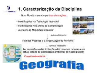 1. Caracterização da Disciplina Num Mundo marcado por  transformações:  Modificações na Tecnologia Industrial Modificações nos Meios de Comunicação Aumento da Mobilidade Espacial Ter consciência das limitações dos recursos naturais e do actual estado de degradação ambiental do nosso planeta Vida das Pessoas e a Organização do Território que condicionam a torna-se necessário Geografia É papel fundamental da   
