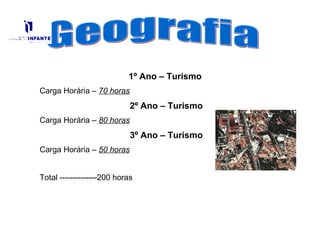 Geografia 1º Ano – Turismo   Carga Horária –  70 horas 2º Ano – Turismo Carga Horária –  80 horas 3º Ano – Turismo Carga Horária –  50 horas Total --------------200 horas 