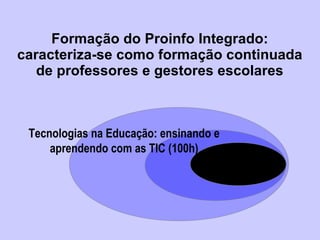 Formação do Proinfo Integrado: caracteriza-se como formação continuada de professores e gestores escolares Tecnologias na Educação: ensinando e aprendendo com as TIC (100h) 