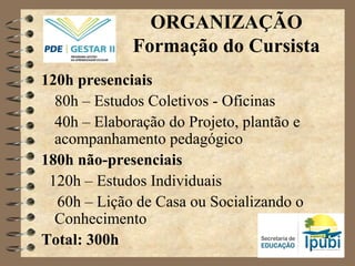 ORGANIZAÇÃO
Formação do Cursista
120h presenciais
80h – Estudos Coletivos - Oficinas
40h – Elaboração do Projeto, plantão e
acompanhamento pedagógico
180h não-presenciais
120h – Estudos Individuais
60h – Lição de Casa ou Socializando o
Conhecimento
Total: 300h
 