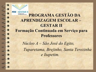 PROGRAMA GESTÃO DA APRENDIZAGEM ESCOLAR –  GESTAR II Formação Continuada em Serviço para Professores Núcleo A – São José do Egito, Tuparetama, Brejinho, Santa Terezinha e Itapetim. 