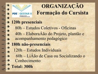 ORGANIZAÇÃO Formação do Cursista 120h presenciais 80h – Estudos Coletivos - Oficinas 40h – Elaboração do Projeto, plantão e acompanhamento pedagógico 180h não-presenciais 120h – Estudos Individuais 60h – Lição de Casa ou Socializando o Conhecimento Total: 300h 