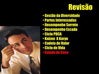 Revisão Gestão da Diversidade Partes Interessadas Desempenho Serrote Desempenho Escada Ciclo PDCA Kaizen  X Karyo Cadeia de Valor Ciclo de Vida Estudo de Caso http://www.hcconsultoria.com.br/sgi.html 