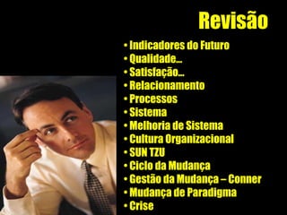 Revisão Indicadores do Futuro Qualidade... Satisfação... Relacionamento Processos Sistema Melhoria de Sistema Cultura Organizacional SUN TZU Ciclo da Mudança Gestão da Mudança – Conner Mudança de Paradigma Crise 