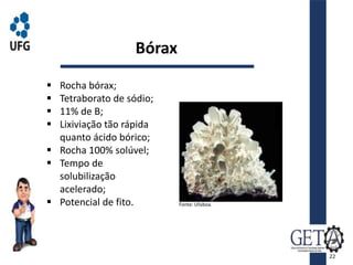  Rocha bórax;
 Tetraborato de sódio;
 11% de B;
 Lixiviação tão rápida
quanto ácido bórico;
 Rocha 100% solúvel;
 Tempo de
solubilização
acelerado;
 Potencial de fito.
Bórax
Fonte: Ulisboa.
22
 