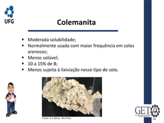  Moderada solubilidade;
 Normalmente usada com maior frequência em solos
arenosos;
 Menos solúvel;
 10 a 15% de B;
 Menos sujeita à lixiviação nesse tipo de solo.
Colemanita
Fonte: U.S. Borax - Rio Tinto. 24
 