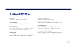 A	
  NOVA	
  DIRETORIA	
  
PRESIDENTE	
  
Adriana	
  Baron	
  –	
  Agência	
  Fullgaz	
  /	
  Joaçaba	
  
	
  	
  
VICE-­‐PRESIDENTE	
  
Jorge	
  Eduardo	
  Manfrini	
  –	
  Escala,	
  Metra	
  /	
  Blumenau	
  
	
  	
  	
  
DIVISÃO	
  TÉCNICA	
  
Diretor:	
  Carlos	
  Eduardo	
  Zanchin	
  –	
  D/Araújo	
  /	
  Florianópolis	
  
ExecuQva:	
  Rhona	
  Vieira	
  –	
  Neovox	
  /	
  Florianópolis	
  
	
  	
  
DIVISÃO	
  ÉTICA	
  
Diretora:	
  Giórgia	
  Ghinato	
  -­‐	
  Grupo	
  Fórmula	
  /	
  Florianópolis	
  
ExecuQva:	
  Suzan	
  Santos	
  –	
  Grupo	
  Fórmula	
  /	
  Florianópolis	
  
DIVISÃO	
  DE	
  COMUNICAÇÃO	
  
Diretora:	
  Barbara	
  Muller	
  /	
  Florianópolis	
  
ExecuQvo:	
  Silvio	
  Triques	
  /	
  Treze	
  Tílias	
  
ExecuQva	
  Online:	
  Jéssica	
  Withoe	
  –	
  Sal	
  Propaganda	
  /	
  Timbó	
  
	
  
DIVISÃO	
  FINANCEIRA	
  
Diretora:	
  Vivian	
  Bueno	
  –	
  Propague	
  /	
  Florianópolis	
  	
  
ExecuQva:	
  Daniele	
  Machado	
  –	
  Propague	
  /	
  Florianópolis	
  
	
  
DIVISÃO	
  DE	
  EVENTOS/PRODUÇÃO	
  
Diretora:	
  Anna	
  Mirian	
  Pontes	
  –	
  Agência	
  Onze	
  /Florianópolis	
  
ExecuQva:	
  Thais	
  Mina^	
  Beltrame	
  –	
  Tellus/Joinville	
  
 