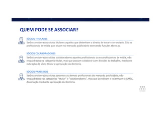 QUEM	
  PODE	
  SE	
  ASSOCIAR?	
  
SÓCIOS	
  TITULARES	
  	
  
Serão	
  considerados	
  sócios	
  Qtulares	
  aqueles	
  que	
  detenham	
  o	
  direito	
  de	
  votar	
  e	
  ser	
  votado.	
  São	
  os	
  
proﬁssionais	
  de	
  mídia	
  que	
  atuam	
  no	
  mercado	
  publicitário	
  exercendo	
  funções	
  técnicas.	
  
	
  
SÓCIOS	
  COLABORADORES	
  
Serão	
  considerados	
  sócios	
  	
  colaboradores	
  aqueles	
  proﬁssionais	
  ou	
  ex-­‐proﬁssionais	
  de	
  mídia,	
  não	
  
enquadrados	
  na	
  categoria	
  Qtular,	
  mas	
  que	
  possam	
  colaborar	
  com	
  divisões	
  de	
  trabalho,	
  mediante	
  
indicação	
  de	
  sócio	
  Qtular	
  e	
  aprovação	
  da	
  diretoria.	
  	
  
	
  
SÓCIOS	
  PARCEIROS	
  
Serão	
  considerados	
  sócios	
  parceiros	
  os	
  demais	
  proﬁssionais	
  do	
  mercado	
  publicitário,	
  não	
  
enquadrados	
  nas	
  categorias	
  “Qtular”	
  e	
  “colaboradores”,	
  mas	
  que	
  acreditam	
  e	
  incenQvam	
  o	
  GMSC.	
  
Associação	
  mediante	
  aprovação	
  da	
  diretoria.	
  	
  
 