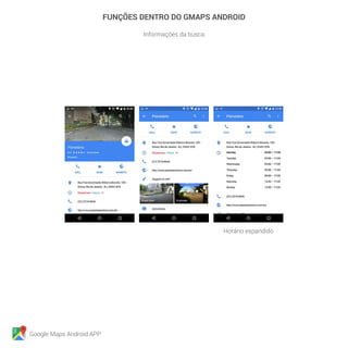 Google Maps Android APP
FUNÇÕES DENTRO DO GMAPS ANDROID
Informações da busca
Horário expandido
 