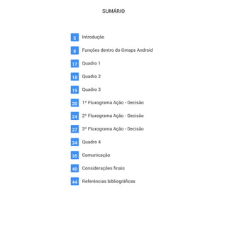 SUMÁRIO
5
19
34
8
20
35
17
24
40
18
27
44
Introdução
Funções dentro do Gmaps Android
Quadro 1
Quadro 2
Quadro 3
1º Fluxograma Ação - Decisão
2º Fluxograma Ação - Decisão
3º Fluxograma Ação - Decisão
Quadro 4
Comunicação
Considerações finais
Referências bibliográficas
 