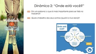 Dinâmica 2: “Onde está você?”
Em um palavra: o que é mais importante para ser feliz no
trabalho?
Qual o trabalho dos seus sonhos (qual é a tua obra)?
 