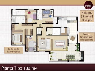 Planta Tipo 189 m² 8,50 2,35 2,70 3,41 3,41 2,90 8,00 4,00 5,28 3,43 5,42 3,00 4,00 2,75 0,90 4 dorms ( 2 suítes) 3 vagas Suíte muito aconchegante  Terraço Gourmet com churrasqueira 