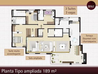 Planta Tipo ampliada 189 m² 8,50 2,35 10,90 4,00 3,43 6,28 0,90 2,70 3,41 3,41 2,90 3,00 2,85 5,42 3 Suítes 3 vagas Sala ampliada Terraço Gourmet com churrasqueira Suíte muito aconchegante  
