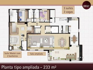 Planta tipo ampliada - 233 m² 0,93 11,90 9,23 2,70 3,20 4,06 3,30 2,60 0,85 6,60 5,12 3,00 1,85 2,80 3,40 3,40 2,80 3 suítes 3 vagas Suíte Master com 2 banheiros Sala ampliada 4,50 