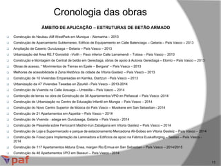 ÂMBITO DE APLICAÇÃO – ESTRUTURAS DE BETÃO ARMADO
Cronologia das obras
11
 Construção do Neubau AM WestPark em Munique - Alemanha – 2013
 Construção de Aparcamiento Subterraneo, Edificio de Equipamiento en Calle Balenciaga – Getaria – País Vasco – 2013
 Ampliação de Caserio Gurutzeaga – Getaria – País Vasco – 2013
 Urbanização del Area RE.7 Gorostidi –Voith – Paso inferior Calle Larramendi – Tolosa – País Vasco – 2013
 Construção e Montagem de Central de betão em Gerediaga, obras de apoio à Autovia Gerediaga – Elorrio – País Vasco – 2013
 Obras de acesso, “ Movimientos de Tierras en Epele – Bergara“ – País Vasco – 2013
 Melhoras de acessibilidade à Zona Histórica da cidade de Vitoria Gasteiz – País Vasco – 2013
 Construção de 10 Viviendas Empareadas en Karrika, Oiartzun - País Vasco – 2013
 Urbanização da 47 Viviendas Tasadas en Zizurkil - País Vasco – 2013-2014
 Construção de Vivenda na Calle Arsuaga – Urrestilla – País Vasco – 2014
 Contenção de terras na obra de Construção de 38 Apartamentos VPO en Peñascal – País Vasco -2014
 Construção de Urbanização no Centro de Educação Infantil em Mungia – País Vasco – 2014
 Construção do Novo Centro Superior de Música do País Vasco – Musikene em San Sebastian - 2014
 Construção de 21 Apartamentos em Azpeitia – País Vasco – 2014
 Construção de Vivenda - adega em Gurutzeaga, Getaria – País Vasco - 2014
 Construção de Pasarela sobre Ferrocarril Madrid-Irun Zabalgana em Vitoria Gasteiz – País Vasco – 2014
 Construção de Loja e Supermercado e parque de estacionamento Mercadona Ali-Gobeo em Vitoria Gasteiz – País Vasco – 2014
 Construção de Fosso para Implantação de Laminadora e Edifícios de apoio na Fábrica Euskalforging – Sestao – País Vasco -
2014
 Construção de 117 Apartamentos Alduna Enea, margen Rio Ermua en San Sebastian – País Vasco – 2014/2015
 Construção de 46 Apartamentos VPO em Basauri – País Vasco - 2014
 