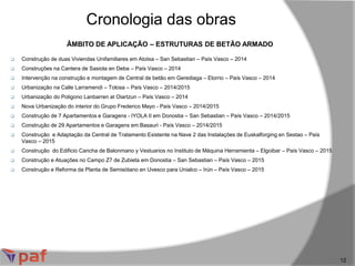 ÂMBITO DE APLICAÇÃO – ESTRUTURAS DE BETÃO ARMADO
Cronologia das obras
12
 Construção de duas Viviendas Unifamiliares em Atotxa – San Sebastian – País Vasco – 2014
 Construções na Cantera de Sasiola en Deba – País Vasco – 2014
 Intervenção na construção e montagem de Central de betão em Gerediaga – Elorrio – País Vasco – 2014
 Urbanização na Calle Larramendi – Tolosa – País Vasco – 2014/2015
 Urbanização do Poligono Lanbarren at Oiartzun – País Vasco – 2014
 Nova Urbanização do interior do Grupo Frederico Mayo - País Vasco – 2014/2015
 Construção de 7 Apartamentos e Garagens - IYOLA II em Donostia – San Sebastian – País Vasco – 2014/2015
 Construção de 29 Apartamentos e Garagens em Basauri - País Vasco – 2014/2015
 Construção e Adaptação da Central de Tratamento Existente na Nave 2 das Instalações de Euskalforging en Sestao – País
Vasco – 2015
 Construção do Edificio Cancha de Balonmano y Vestuarios no Instituto de Máquina Herramienta – Elgoibar – País Vasco – 2015
 Construção e Atuações no Campo Z7 de Zubieta em Donostia – San Sebastian – País Vasco – 2015
 Construção e Reforma da Planta de Semisótano en Uvesco para Unialco – Irún – País Vasco – 2015
 
