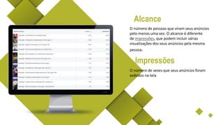 O número de pessoas que viram seus anúncios
pelo menos uma vez. O alcance é diferente
de impressões, que podem incluir várias
visualizações dos seus anúncios pela mesma
pessoa.
Alcance
Impressões
O número de vezes que seus anúncios foram
exibidos na tela
 