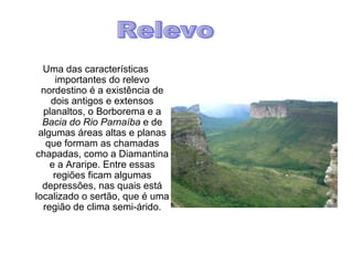 Uma das características importantes do relevo nordestino é a existência de dois antigos e extensos planaltos, o Borborema e a  Bacia do Rio Parnaíba  e de algumas áreas altas e planas que formam as chamadas chapadas, como a Diamantina e a Araripe. Entre essas regiões ficam algumas depressões, nas quais está localizado o sertão, que é uma região de clima semi-árido. Relevo 