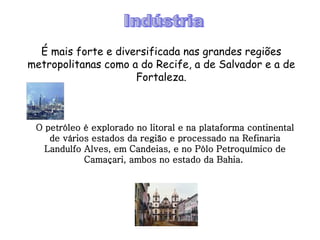 É mais forte e diversificada nas grandes regiões metropolitanas como a do Recife, a de Salvador e a de Fortaleza. Indústria O petróleo é explorado no litoral e na plataforma continental de vários estados da região e processado na Refinaria Landulfo Alves, em Candeias, e no Pólo Petroquímico de Camaçari, ambos no estado da Bahia.  