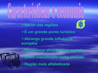 Características e economia Menor das regiões É um grande ponto turístico Abrange grande influência européia  Representa altos índices sociais  Único classificado como elevado Região mais alfabetizada 