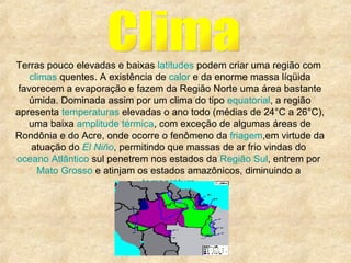 Terras pouco elevadas e baixas  latitudes  podem criar uma região com  climas  quentes. A existência de  calor  e da enorme massa líqüida favorecem a evaporação e fazem da Região Norte uma área bastante úmida. Dominada assim por um clima do tipo  equatorial , a região apresenta  temperaturas  elevadas o ano todo (médias de 24°C a 26°C), uma baixa  amplitude térmica , com exceção de algumas áreas de Rondônia e do Acre, onde ocorre o fenômeno da  friagem ,em virtude da atuação do  El   Niño , permitindo que massas de ar frio vindas do  oceano Atlântico  sul penetrem nos estados da  Região Sul , entrem por  Mato Grosso  e atinjam os estados amazônicos, diminuindo a  temperatura . Clima 