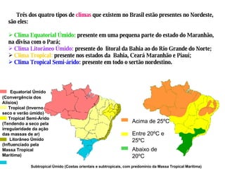 Três dos quatro tipos de  climas  que existem no Brasil estão presentes no Nordeste, são eles: Clima Equatorial Úmido:  presente em uma pequena parte do estado do Maranhão, na divisa com o Pará;  Clima Litorâneo Úmido:  presente do  litoral da Bahia ao do Rio Grande do Norte;  Clima Tropical:  presente nos estados da  Bahia, Ceará Maranhão e Piauí;  Clima Tropical Semi-árido:  presente em todo o sertão nordestino.        Equatorial Úmido (Convergência dos Alísios)  Tropical (Inverno seco e verão úmido)  Tropical Semi-Árido (Tendendo a seco pela irregularidade da ação das massas de ar)  Litorâneo Úmido (Influenciado pela Massa Tropical Marítima)           Subtropical Úmido (Costas orientais e subtropicais, com predomínio da Massa Tropical Marítima)                                                                                                                     Abaixo de 20ºC          Entre 20ºC e 25ºC         Acima de 25ºC         