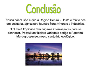 Conclusão Nossa conclusão é que a Região Centro - Oeste é muito rica em pecuária, agricultura,fauna e flora,minerais e indústrias. O clima é tropical e tem  lugares interessantes para se conhecer. Possui um folclore variado e abriga o Pantanal Mato-grossense, nosso santuário ecológico. 